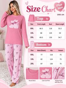 SHEIN Plus Size Pink Cat Print Pajama Set With Striped Bow Pants For Women Night Formal - White - View 3
