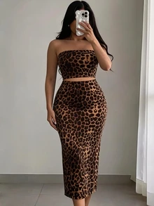 SHEIN SXY Leopard Print Knitted Crop Top & Bodycon Midi Skirt 2pcs Set For Summer,Date Night - Brown - View 1