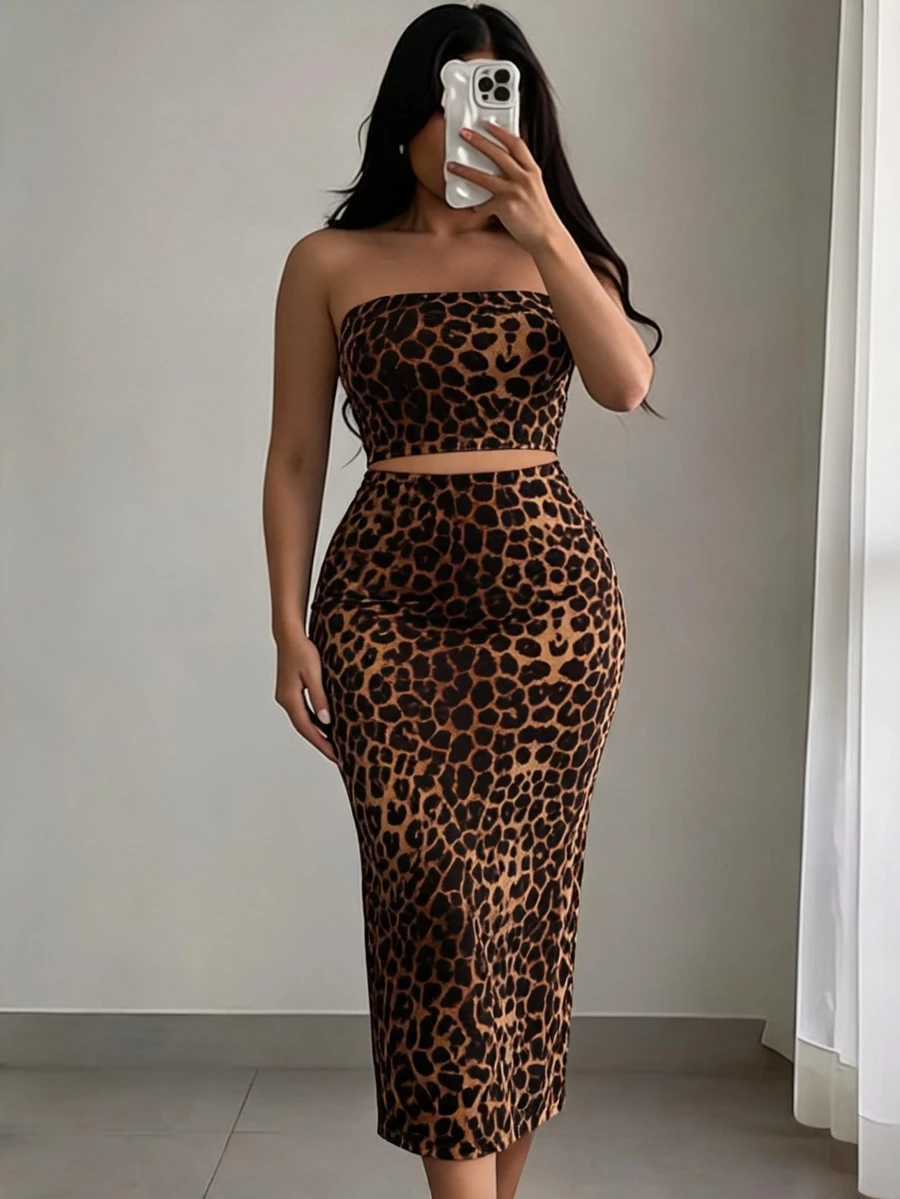 SHEIN SXY Leopard Print Knitted Crop Top & Bodycon Midi Skirt 2pcs Set For Summer,Date Night - Brown - View 1