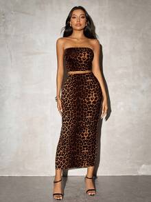 SHEIN SXY Leopard Print Knitted Crop Top & Bodycon Midi Skirt 2pcs Set For Summer,Date Night - Brown - View 4