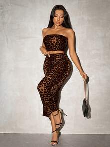 SHEIN SXY Leopard Print Knitted Crop Top & Bodycon Midi Skirt 2pcs Set For Summer,Date Night - Brown - View 6