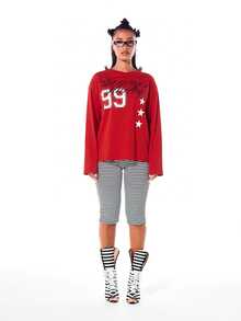 SUMWON WOMEN Atasan lengan panjang longgar bergambar nomor varsity dengan cetakan tulisan dan motif bintang, sempurna untuk kegiatan santai di musim gugur dan musim dingin. - Merah - View 3
