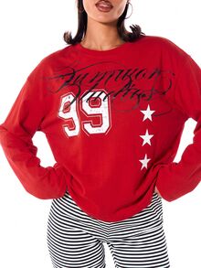 SUMWON WOMEN Atasan lengan panjang longgar bergambar nomor varsity dengan cetakan tulisan dan motif bintang, sempurna untuk kegiatan santai di musim gugur dan musim dingin. - Merah - View 5