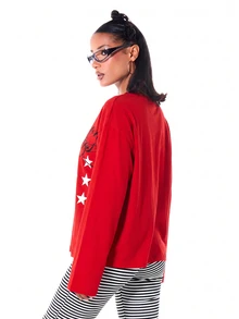 SUMWON WOMEN Atasan lengan panjang longgar bergambar nomor varsity dengan cetakan tulisan dan motif bintang, sempurna untuk kegiatan santai di musim gugur dan musim dingin. - Merah - View 2