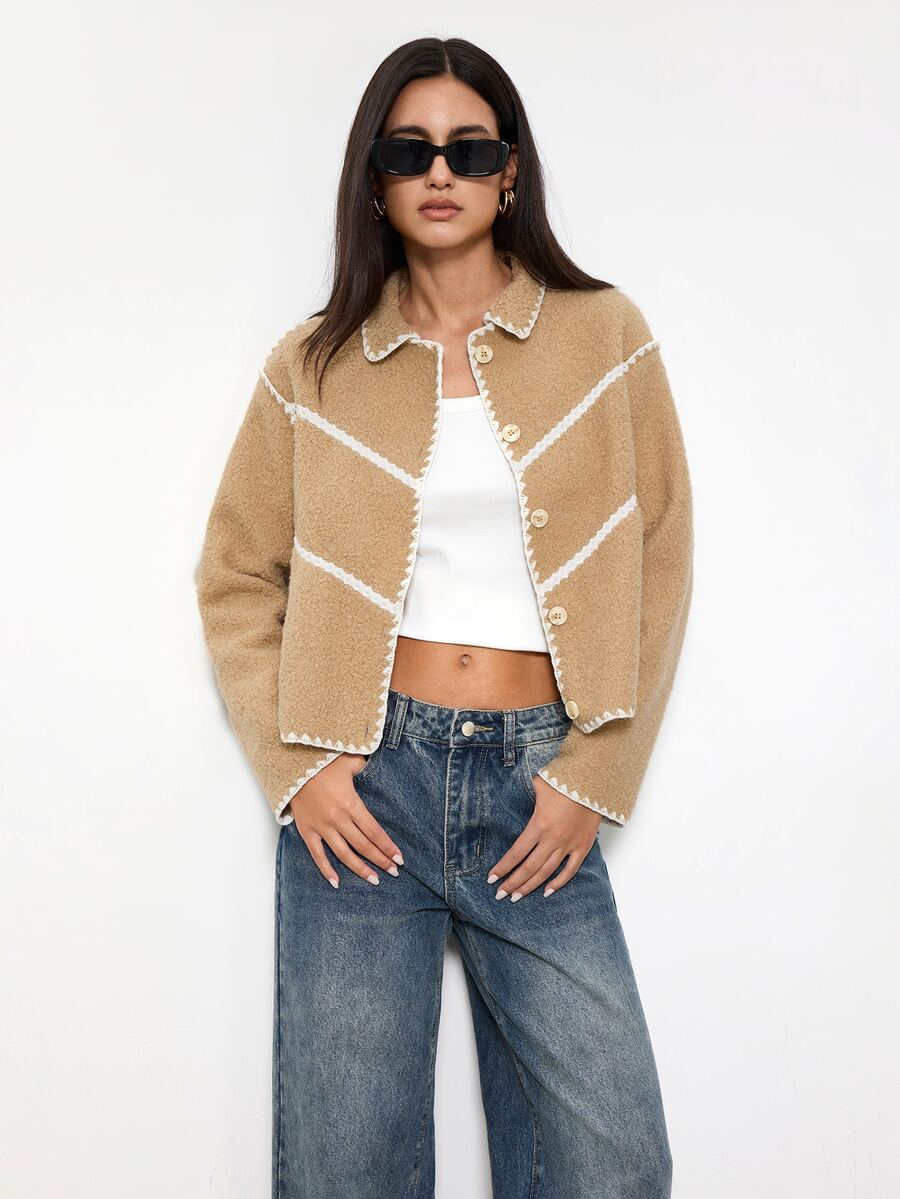Maija Women's Contrast Trim Regular Short Jacket,Going Out Everyday Outfits, Work Outfits For Women,Fall Clothes White Casual - Khaki - View 1