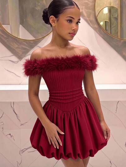 SHEIN Tween Girls Off-Shoulder Waist-Cinching Dress, Faux Fur Trim Patchwork Puff Lantern Skirt, Bud-Style Dress, Party Outfit For Sisters And Family Matching, Burgundy, Suitable For Christmas, Halloween, New Year, Tween Girl