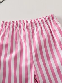 SHEIN 女嬰兒童秋冬針織圓領字母圖案T恤與條紋長褲2件套運動時尚穿搭 - 粉色 - 查看 7