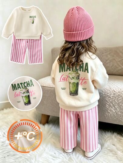 SHEIN Toddler Kids Fall Winter Knitted Crew Neck T-Shirt With Letter Pattern And Striped Long Pants T-Shirt 2pcs Set 2 Pieces Sporty Fashion Outfit For