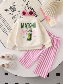 SHEIN 女嬰兒童秋冬針織圓領字母圖案T恤與條紋長褲2件套運動時尚穿搭 - 粉色 - 查看 2
