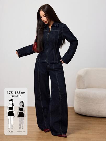 SHEIN Tall Set casual in denim da donna con giacca a maniche lunghe con cerniera frontale e pantaloni