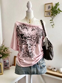 Lalippa Digital Print, Asymmetrical Shoulder OVT, Pink Cold Shoulder T-Shirt, Leopard Print Pattern, Sweet & Sexy Style, Loose & Comfortable, Short Sleeve Long Length, Summer & Autumn Hot-Selling Item - Multicolor - View 1