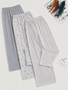 SHEIN 3PCS Plus Size Sleep Bottoms Night Gray Burgundy Winter Elegant - Grey - View 3