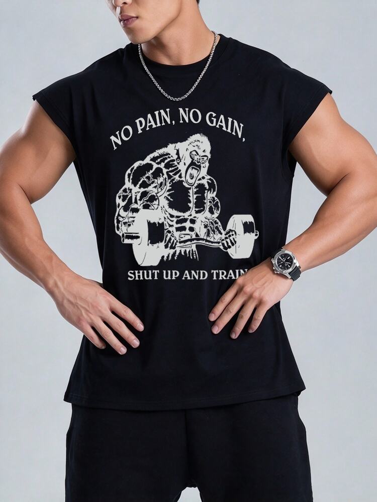 Gym Rark Men's Casual Crew Neck Gorilla Letter Print T-Shirt, Versatile For Daily Wear And Outdoor Exercise - Black - View 5
