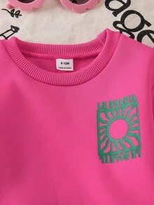 SHEIN 嬰兒幼兒秋冬抓絨內裡針織圓領T恤太陽印花條紋長褲2件套 2件裝運動時尚套裝 - 玫紅色 - 查看 6
