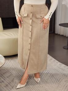Modelyn Minimalist Suede Metal Buckle Decor Fitted Straight Skirt Plus Size Spring Autumn - Apricot - View 1