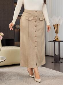 Modelyn Minimalist Suede Metal Buckle Decor Fitted Straight Skirt Plus Size Spring Autumn - Apricot - View 4