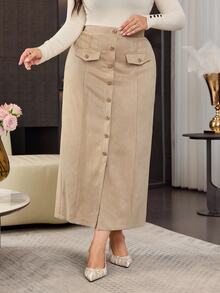 Modelyn Minimalist Suede Metal Buckle Decor Fitted Straight Skirt Plus Size Spring Autumn - Apricot - View 5