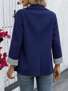 SHEIN Clasi بليزر بأكمام طويلة وياقة علوية مخطط للنساء في الربيع والخريف - أزرق بحري - مشاهدة 2