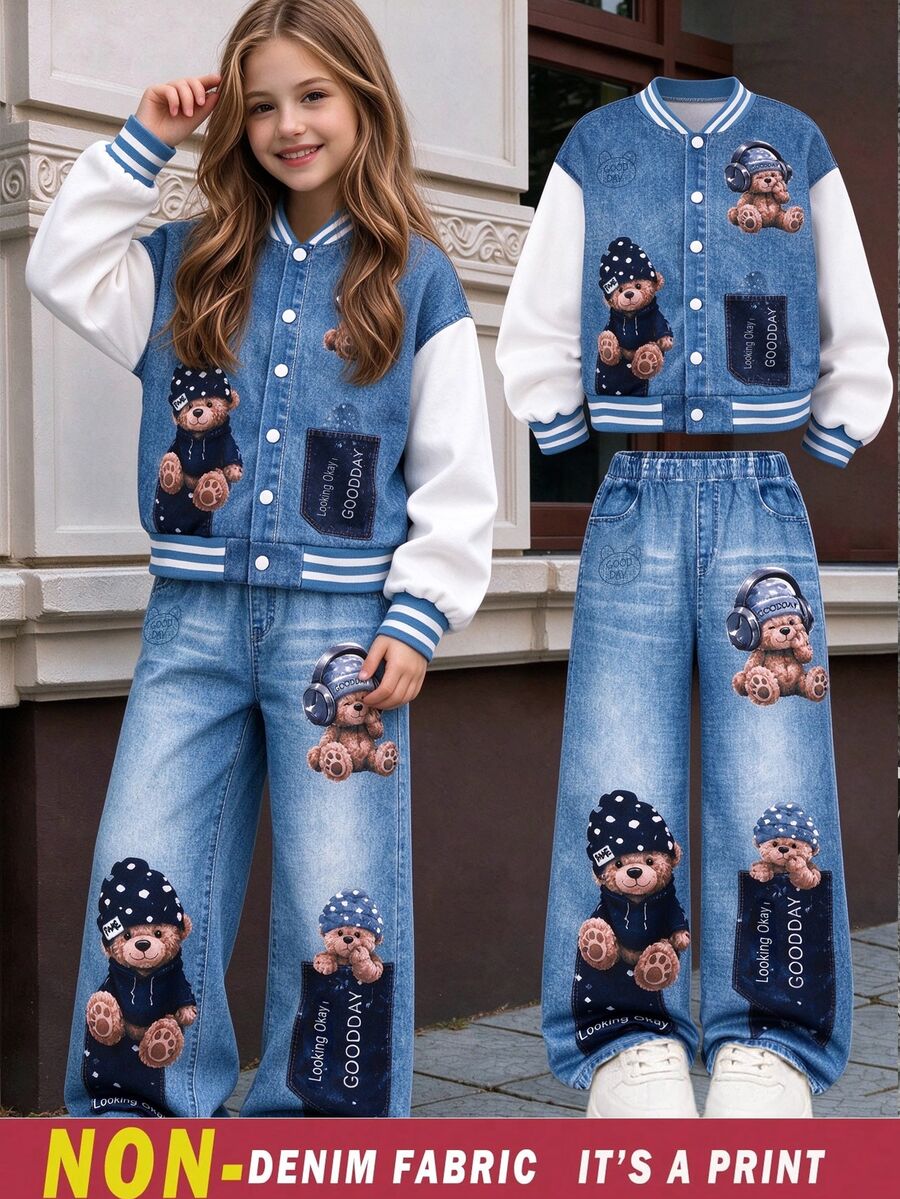 Tween Girls Blue Bear Print Baseball Jacket & Loose Straight Leg Pants Set, Thermal Lined Warm, Winter Casual 2 Pieces Outfit - Blue - View 1