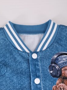 Tween Girls Blue Bear Print Baseball Jacket & Loose Straight Leg Pants Set, Thermal Lined Warm, Winter Casual 2 Pieces Outfit - Blue - View 5