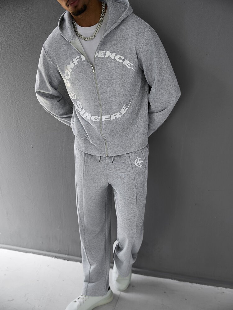 SLATEMANN Men's Letter Print Long Sleeve Zip-Up Hooded Sweatshirt And Drawstring Waist Sweatpants Casual Set - Grey - View 7
