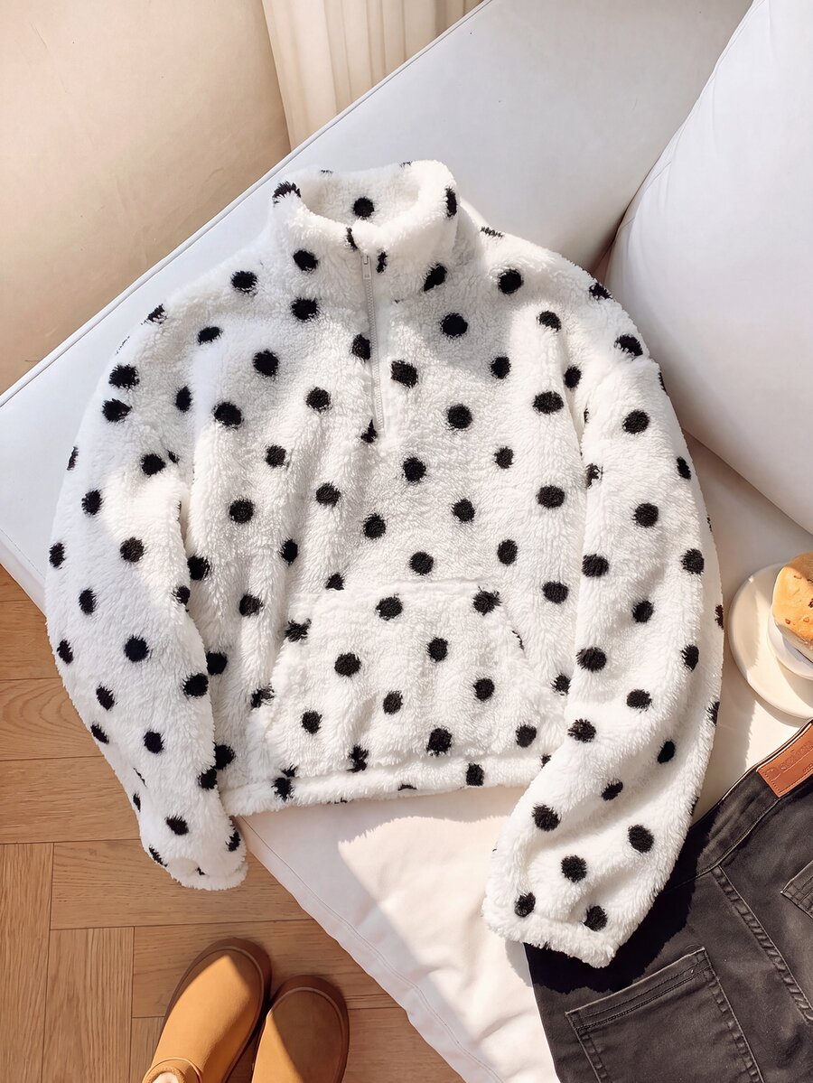 SHEIN Tween少女女孩秋冬加厚雙面刷毛波點印花黑白立領半拉鍊前開襟貼袋套頭運動衫上衣休閒簡約優雅 - 黑與白 - 查看 1