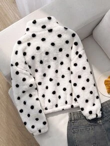SHEIN Tween少女女孩秋冬加厚雙面刷毛波點印花黑白立領半拉鍊前開襟貼袋套頭運動衫上衣休閒簡約優雅 - 黑與白 - 查看 2