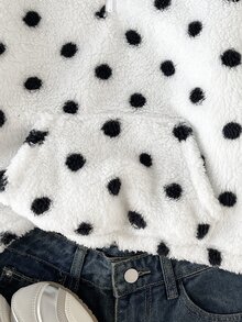 SHEIN Tween少女女孩秋冬加厚雙面刷毛波點印花黑白立領半拉鍊前開襟貼袋套頭運動衫上衣休閒簡約優雅 - 黑與白 - 查看 6