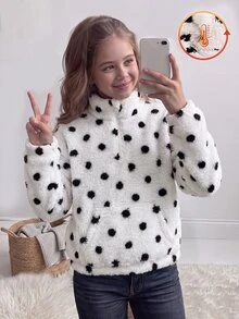 SHEIN Tween少女女孩秋冬加厚雙面刷毛波點印花黑白立領半拉鍊前開襟貼袋套頭運動衫上衣休閒簡約優雅 - 黑與白 - 查看 3