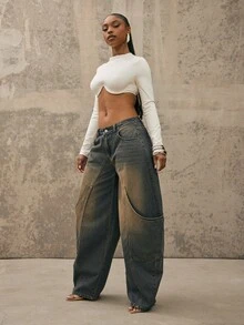 Denimoi Oversized Pocket Barrel Leg Jeans Fashionable Denim Barrel Leg - Medium Wash - View 5