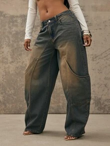 Denimoi Oversized Pocket Barrel Leg Jeans Fashionable Denim Barrel Leg - Medium Wash - View 3