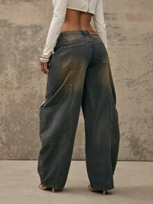 Denimoi Oversized Pocket Barrel Leg Jeans Fashionable Denim Barrel Leg - Medium Wash - View 6