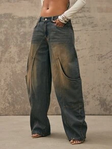 Denimoi Oversized Pocket Barrel Leg Jeans Fashionable Denim Barrel Leg - Medium Wash - View 4