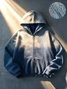 ROMWE MEN 男士拉鍊連帽十字繡水洗運動衫 - 藍色 - 查看 1