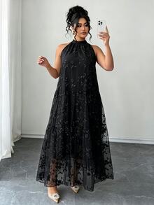 Elenzga 大尺碼波希米亞掛脖連身裙，黑色網紗花卉刺繡層次仙女長裙，適合度假、晚宴派對、萬聖節、約會 - 黑色 - 查看 8