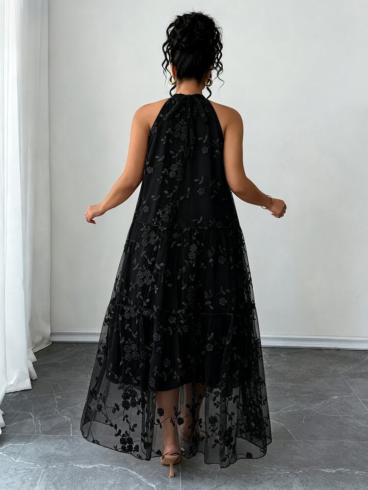 Elenzga Plus Size Bohemian Halter Neck Dress, Black Mesh Floral Embroidery Layered Fairy Long Dress For Holiday Evening Party Halloween Date - Black - View 2