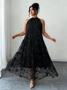 Elenzga 大尺碼波希米亞掛脖連身裙，黑色網紗花卉刺繡層次仙女長裙，適合度假、晚宴派對、萬聖節、約會 - 黑色 - 查看 4