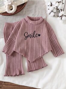 SHEIN Playful Pals 2件組幼女上衣+喇叭褲，甜美灰玫瑰色羅紋笑臉荷葉邊長袖小立領，適合節日生日派對冬季公主風Y2K愛心款 - 粉色 - 查看 10