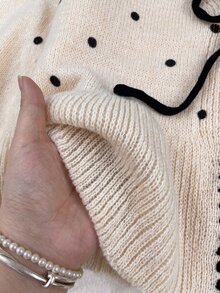 Muvela 女款優雅法式可愛休閒波點黑白配色刺繡對比色飾邊前綁帶荷葉邊下擺長袖針織開襟衫，適合秋季 - 彩色 - 查看 3