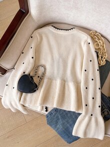 Muvela 女款優雅法式可愛休閒波點黑白配色刺繡對比色飾邊前綁帶荷葉邊下擺長袖針織開襟衫，適合秋季 - 彩色 - 查看 2