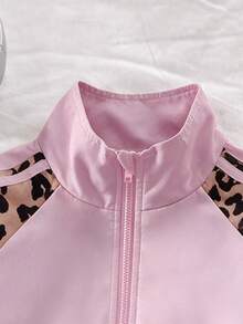 SHEIN Genkimix Kids 2pcs Young Girl Fashion Leopard Print Colorblock Side Stripe Zip Up Stand Collar Jogger Pants Jacket Tracksuit Set Skateboarding Outdoor Fall Style - Multicolor - View 6