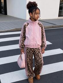 SHEIN Genkimix Kids 2pcs Young Girl Fashion Leopard Print Colorblock Side Stripe Zip Up Stand Collar Jogger Pants Jacket Tracksuit Set Skateboarding Outdoor Fall Style - Multicolor - View 4