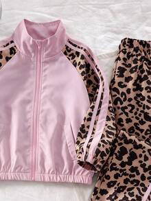 SHEIN Genkimix Kids 2pcs Young Girl Fashion Leopard Print Colorblock Side Stripe Zip Up Stand Collar Jogger Pants Jacket Tracksuit Set Skateboarding Outdoor Fall Style - Multicolor - View 7