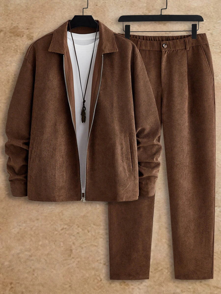HIMLAND Men's Solid Color Long Sleeve Zip-Up Jacket And Pants Casual Set - Brown - View 1