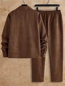HIMLAND Men's Solid Color Long Sleeve Zip-Up Jacket And Pants Casual Set - Brown - View 2