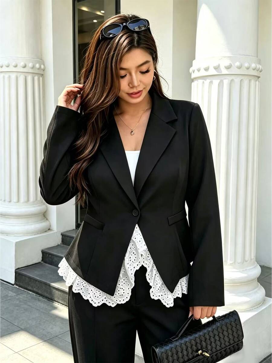 Easura Blazer de botones con patchwork de encaje francés vintage talla grande - Negro - Ver 1