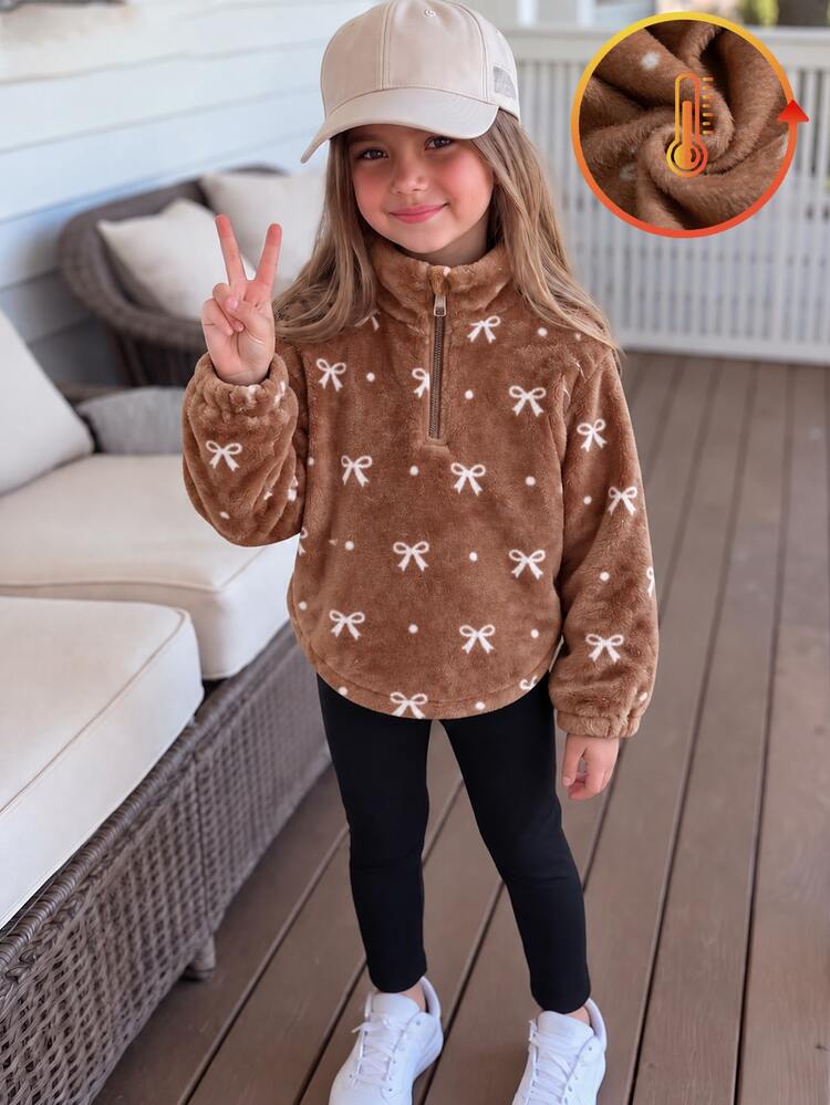 2pcs/Set Girls Sweet Casual Style, Bowknot Polka Dot All-Over Print, Half-Zip Stand Collar Long Sleeve Curved Hem Top, Paired With Slim Fit Long Pants, Plush Fabric, Loose Fashionable Two Pieces Set, Suitable For Campus, Outdoor Activities And More, Full Of Atmosphere, Perfect For Autumn/Winter - Multicolor - View 3
