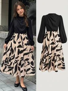 SHEIN Kids Tween Girl Autumn Winter Casual Fashion Commute Black Patchwork Long Sleeve A-Line Dress Homecoming Dress Halloween Fall Style Christmas Winter - Black - View 5