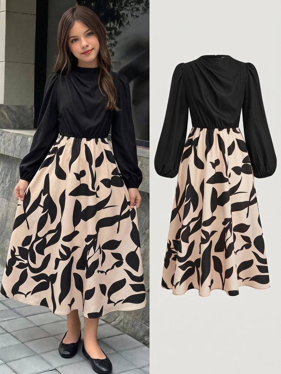 SHEIN Kids Tween Girl Autumn Winter Casual Fashion Commute Black Patchwork Long Sleeve A-Line Dress Homecoming Dress Halloween Fall Style Christmas Winter - Black - View 1