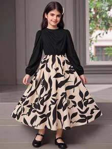 SHEIN Kids Tween Girl Autumn Winter Casual Fashion Commute Black Patchwork Long Sleeve A-Line Dress Homecoming Dress Halloween Fall Style Christmas Winter - Black - View 1